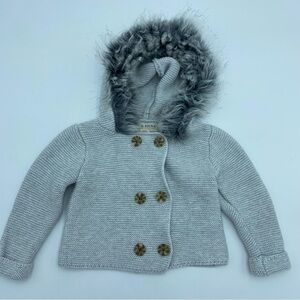 Hope & Henry Faux Fur Hoodie Sweater Double Breasted Organic Cotton Button 3-6m